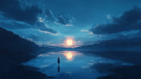 Solitary figure facing luminous moon over mirrored lake.