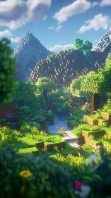 Voxel river valley with sunlit terrain, trees and distant peaks