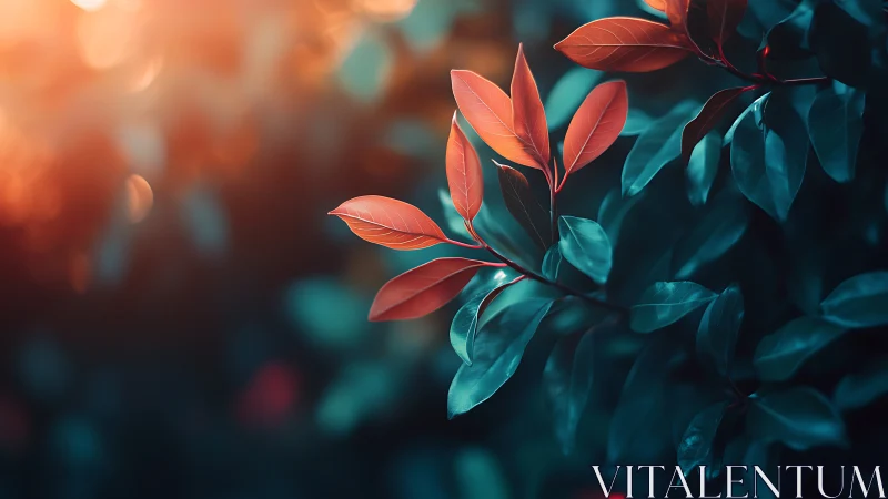 Shallow-depth macro foliage contrasts orange highlights with teal shadows