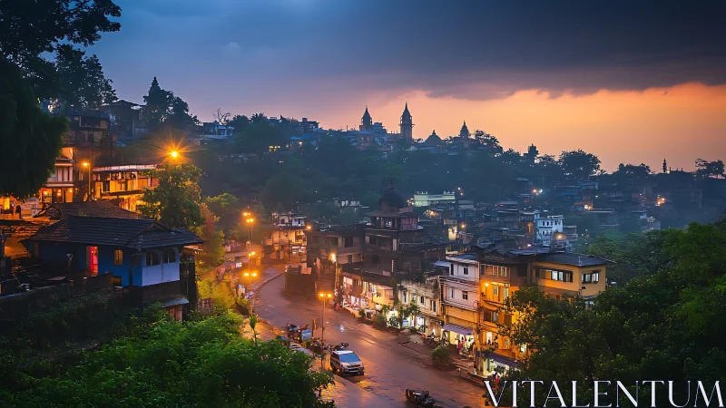 Hill town street glows under stormy dusk sky.