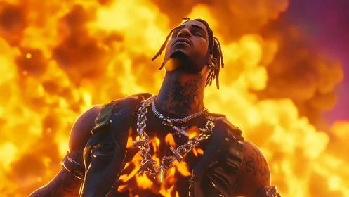 Stylized rapper avatar amid explosive orange firestorm.