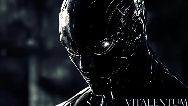 Mysterious chrome android gazes ahead with glowing resolve