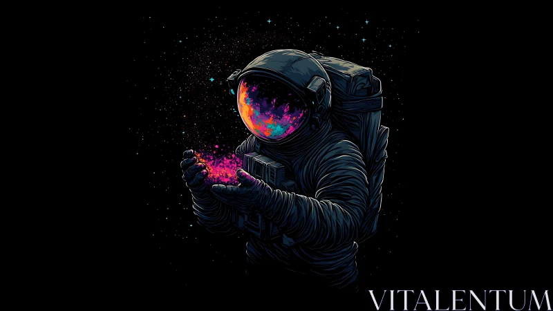 Cosmic astronaut cradles neon galaxy dust in deep space.