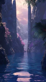 Enchanted canyon lagoon glows beneath a pastel fantasy sky.