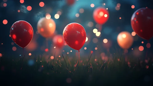 Glowing Red Balloons Rising Through Bokeh Lights.