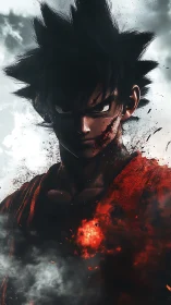 Battle-worn anime fighter rendered with high-contrast volumetric smoke