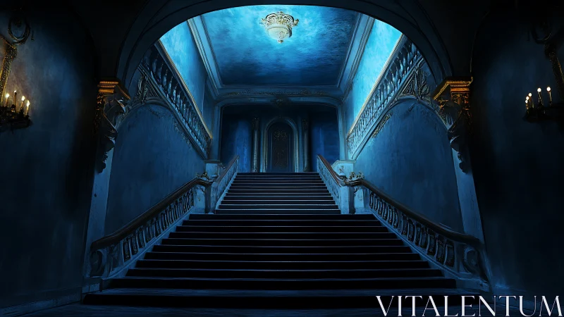 Grand blue staircase in dimly lit classical interior.
