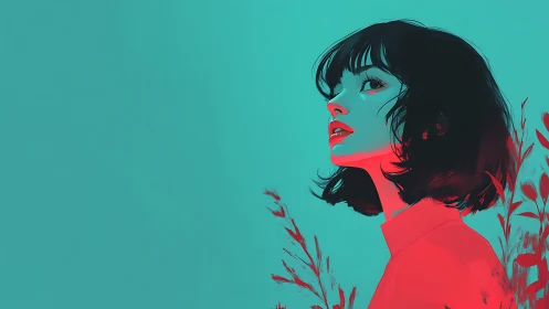 Neon-lit portrait isolates a stylized woman against cyan field