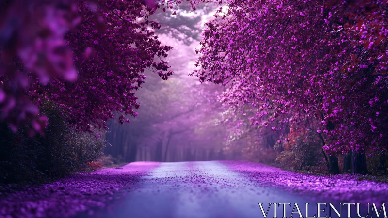 Dreamy violet forest lane under a soft evening glow.