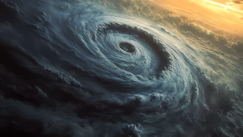 Storm vortex above clouds under burning sunset sky.