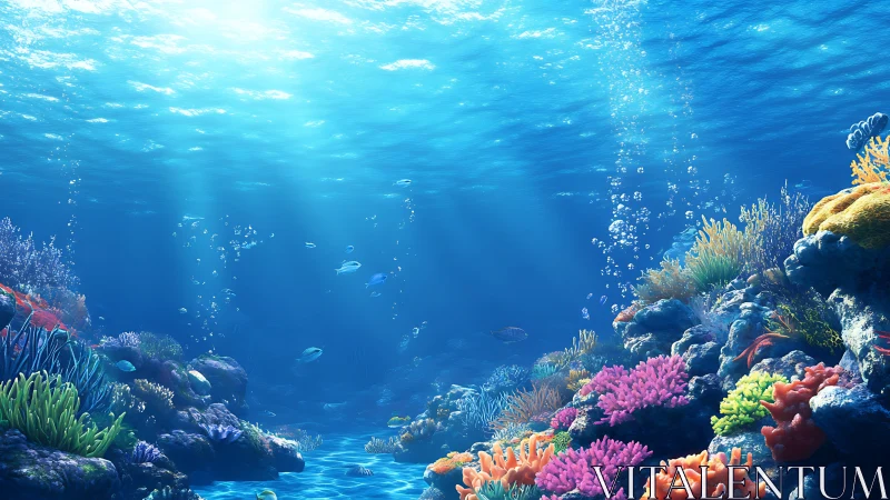 Sunlit coral kingdom shimmers as bubbles drift toward day