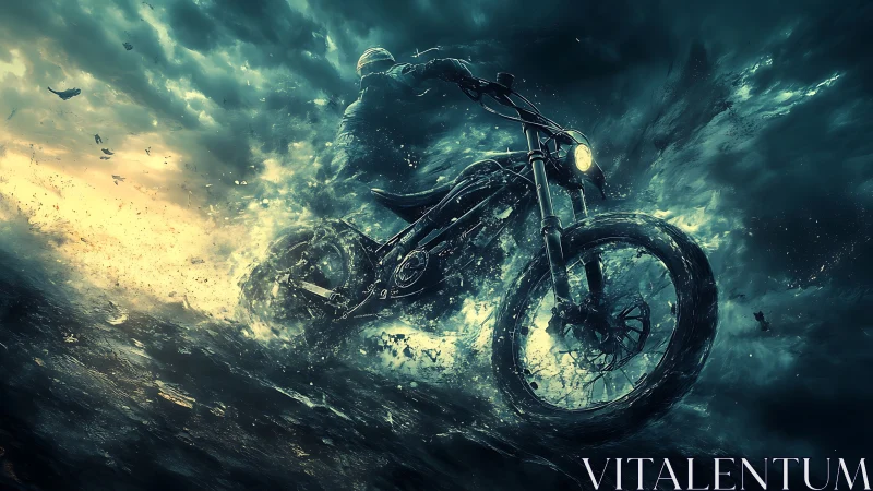 Dynamic motorcycle drift cuts through stormy water with cinematic lighting