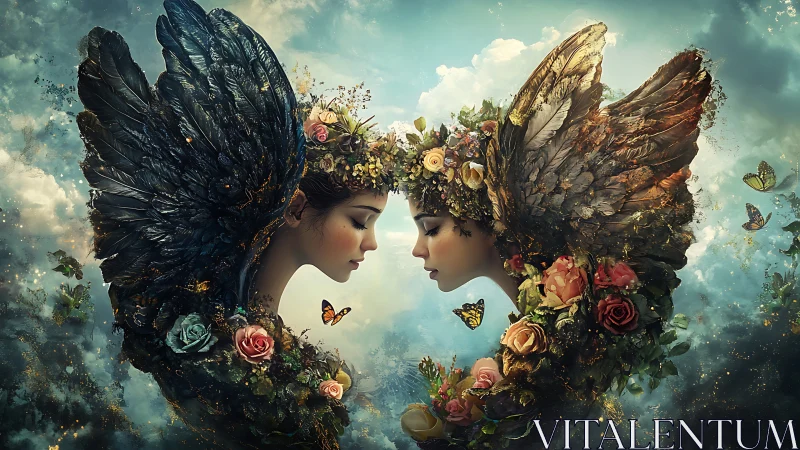 Winged twin spirits meet in a sky of blossoms and light.