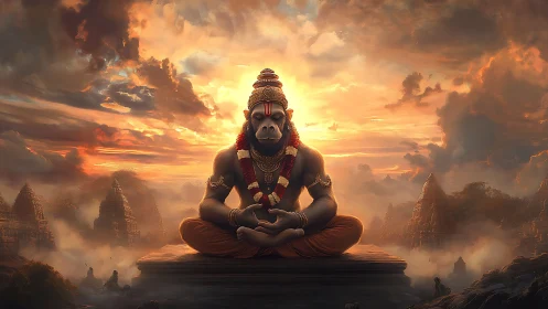 Simian deity figure meditating before temple landscape.