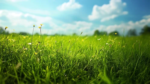 Sunny meadow grasses sway gently under a bright blue sky