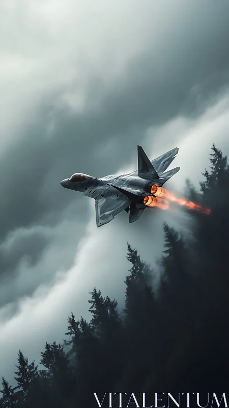 Stealth fighter jet ascends over misty conifer forest at dusk