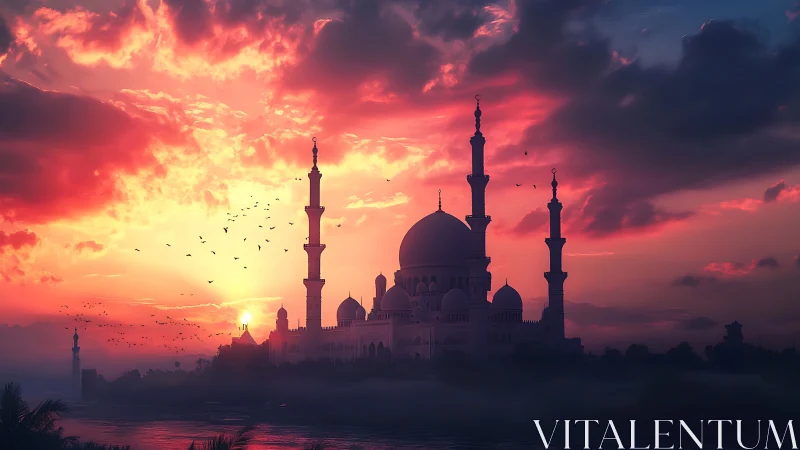 Mosque silhouette under blazing crimson sunset sky.
