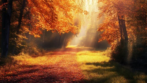 Forest path runs through bright autumn foliage in soft light