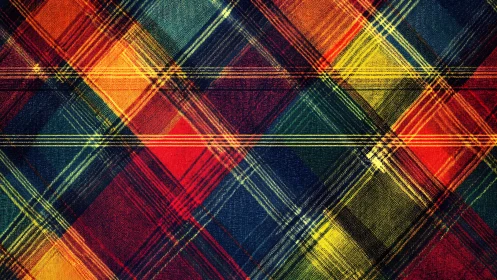 Multicolored diagonal tartan fabric pattern forms dense grid
