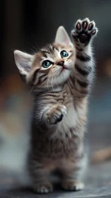 Tabby Kitten Raising Paw High With Wide Eyes.