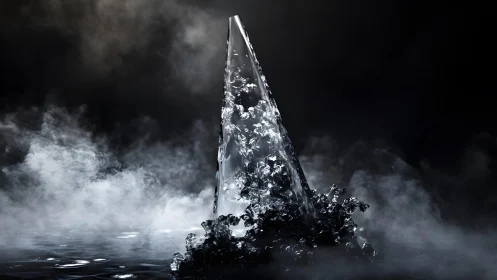 Majestic Ice Shard Emerging from Mist in Dramatic Dark Scene.