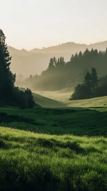 Sunlit green valley with misty forested hills in distance.