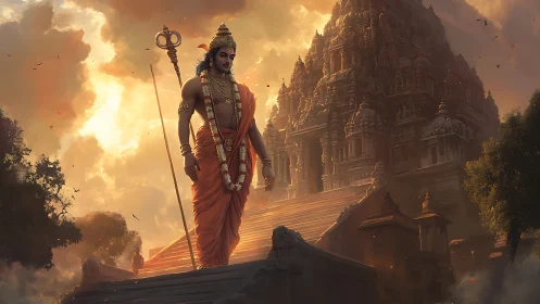 Mythic warrior deity before sunlit Dravidian temple.