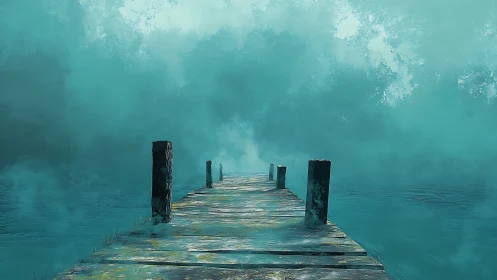 Weathered wooden pier dissolves into dense turquoise fog