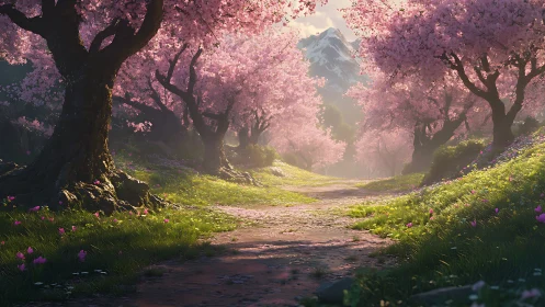 Sunlit cherry blossom path leads toward distant snowy peak