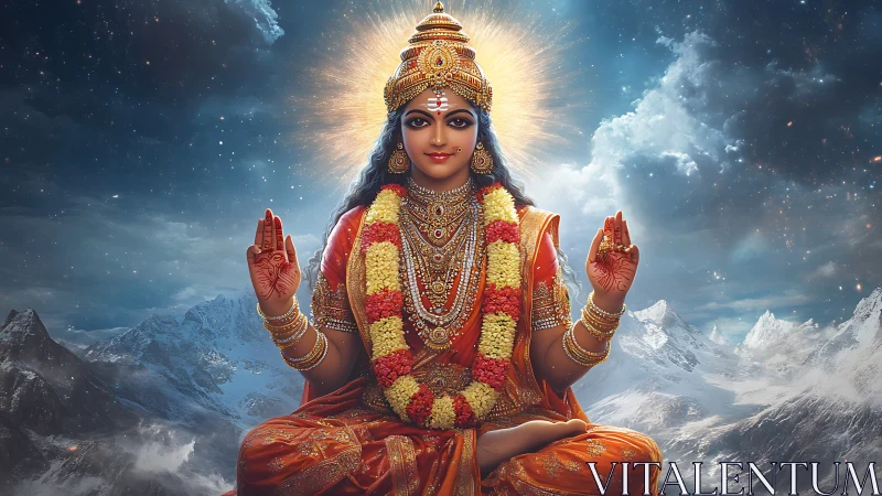 Serene mountain goddess radiating warmth in glowing orange robes.