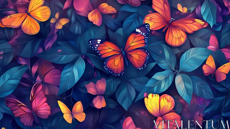 Vibrant monarch butterflies over teal foliage background.