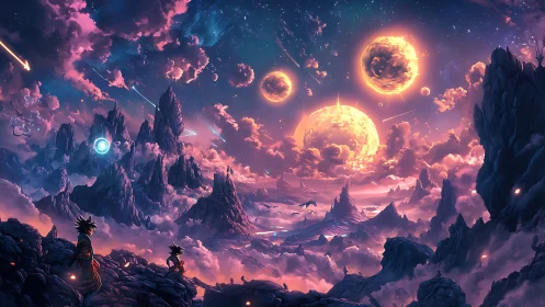 Stargazing wanderers beneath neon suns and stormy cosmos.