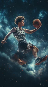 Basketball player soars through cosmic clouds in dynamic motion