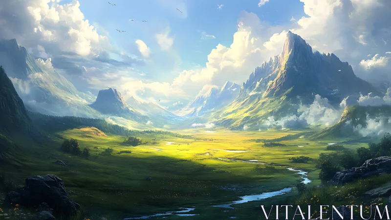 Sunlit mountain valley opens into wide green river plain