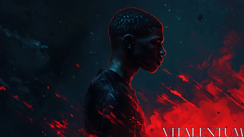 Silhouetted runner amid neon red embers in dark void.