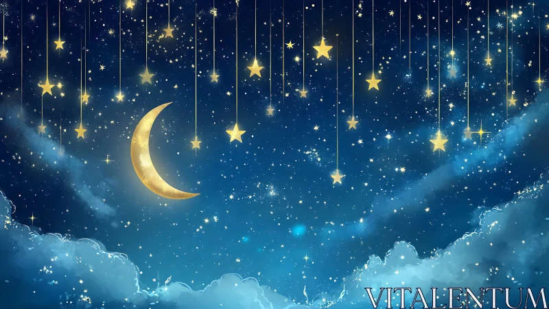 Luminous crescent moon amid suspended golden stars at night