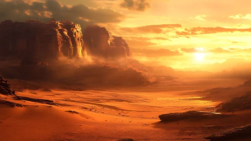 Cinematic desert cliffs at sunset in warm tonal compression.