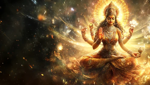 Digital painting of radiant multi-armed goddess in cosmic aureole.