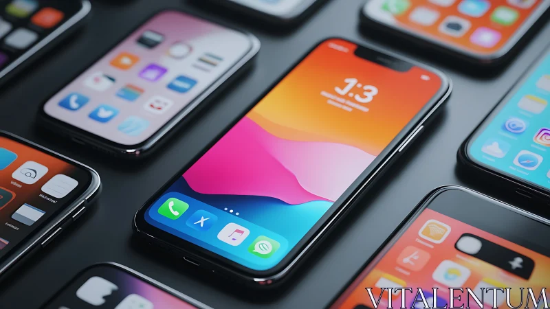 Neon home screens glow across sleek modern smartphones.