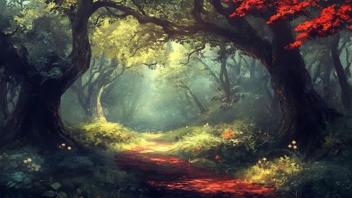 Forest pathway with atmospheric light and foliage rendering