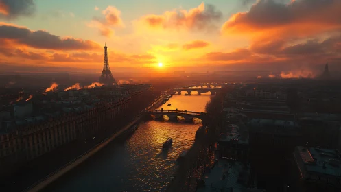 Sunset stitches firelit seams across Parisian winter skies