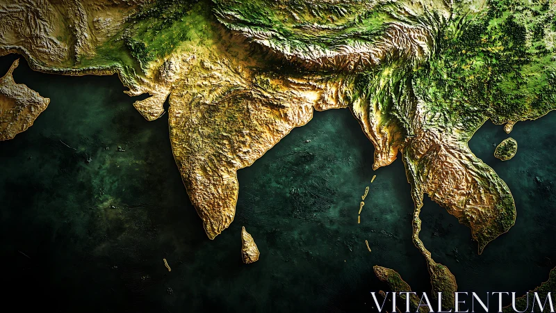 3D topographic relief of South and Southeast Asia coastline map.