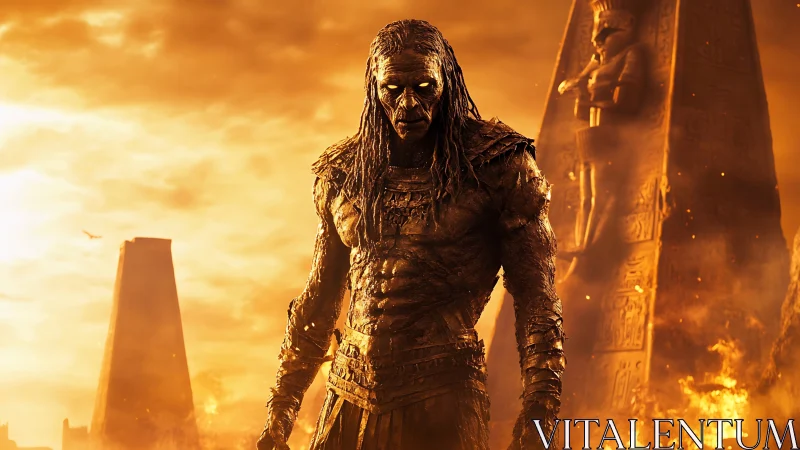 Armored humanoid figure in burning ancient monument setting.