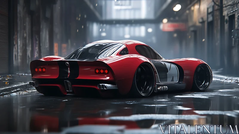 Low-slung crimson supercar in rain-soaked urban alleyway.