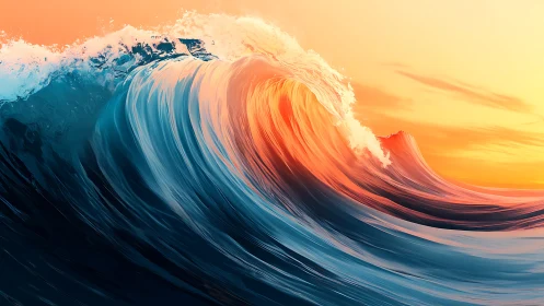 Cresting ocean wave in warm sunset gradient, digital seascape