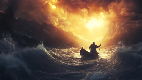 Luminous storm passage with cloaked oarsman in turbulent sea.