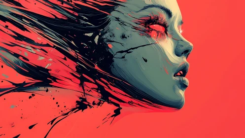 Fragmented neon visage dissolving into liquid strokes.