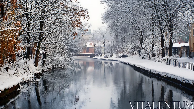 Snow-draped riverside hush with mirror-still winter water.