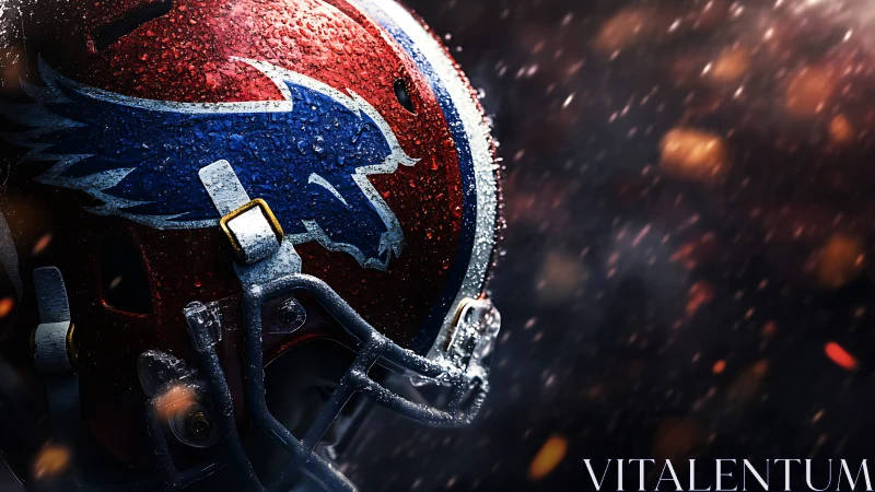 Rain-slicked gridiron helmet under storm-lit stadium sparks.