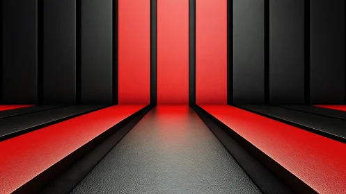 Red and black geometric corridor uses dramatic linear perspective